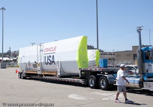 Pier 80 gets delivery of the new AC 72’ wing - Oracle Racing’s AC72 wingsail arrives in San Francisco © Erik Simonson/ pressure-drop.us http://www.pressure-drop.us